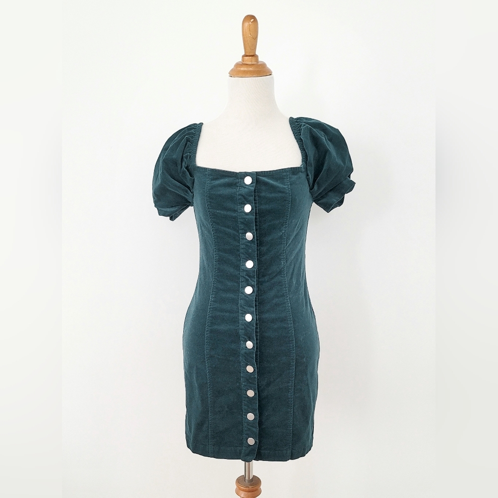 Dark Teal Faux Suede Button Up Mini Dress with Puff Sleeves